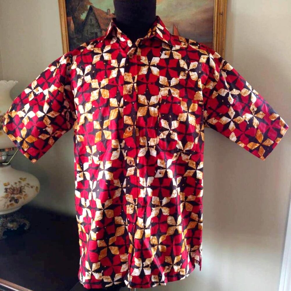 Batik Shirt Button Front Ethnic African Polynesian Block Print 42" Chest